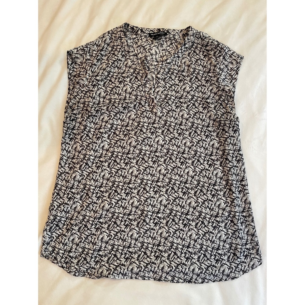 Hilary Radley Womens Black White Abstract Print Sleeveless V-Neck Blouse Top S
